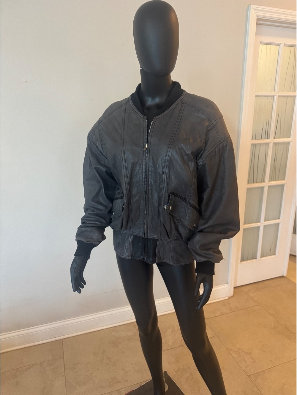 Vintage M. Montagne Leather Bomber Jacket Size 38 Black Distressed Damaged